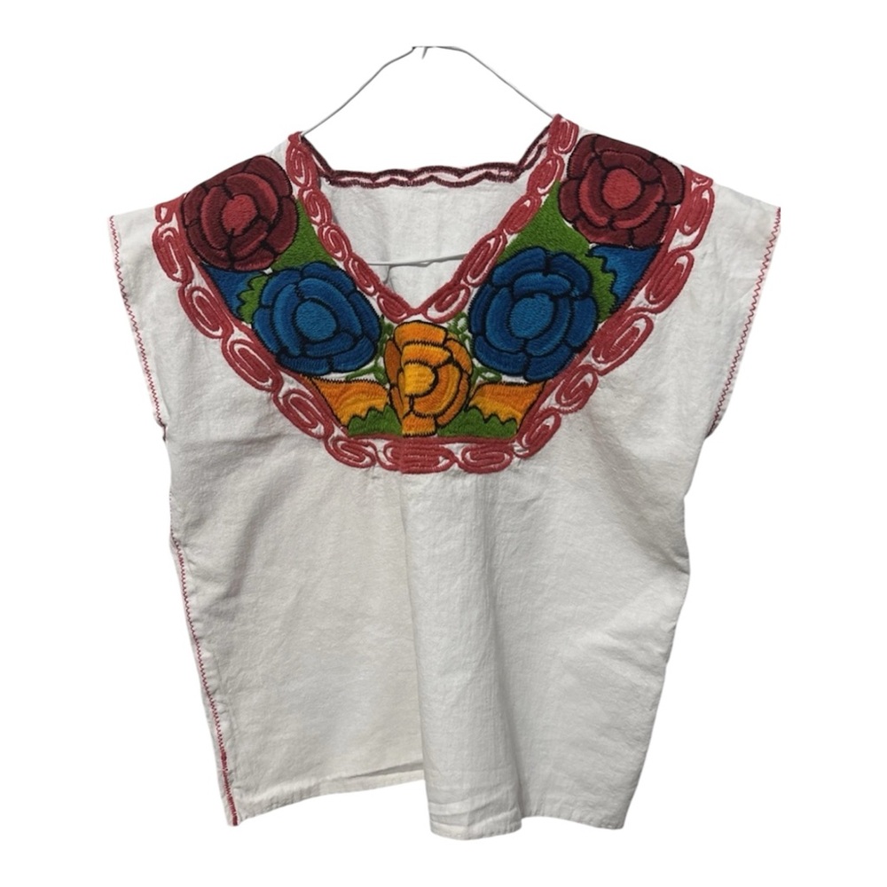 Mexican Hand-Embroidered White Floral V-Neck Women’s Top- Large